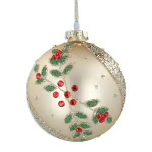 Gisela Graham, Glass Bauble - Matte Gold with Diamante Holly