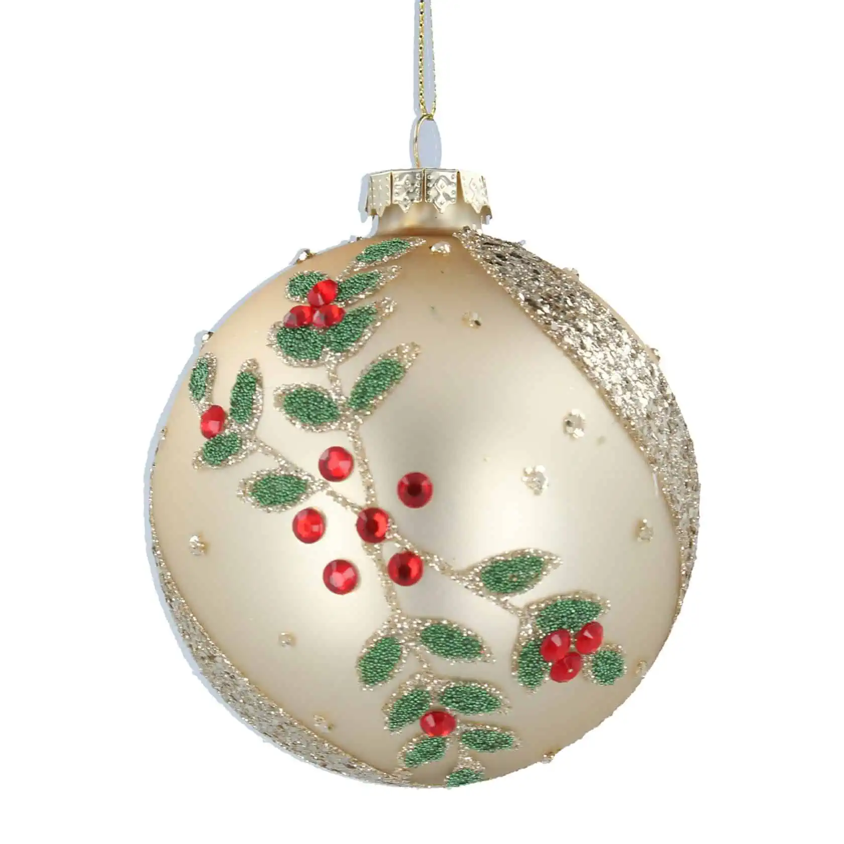 Gisela Graham, Glass Bauble - Matte Gold with Diamante Holly