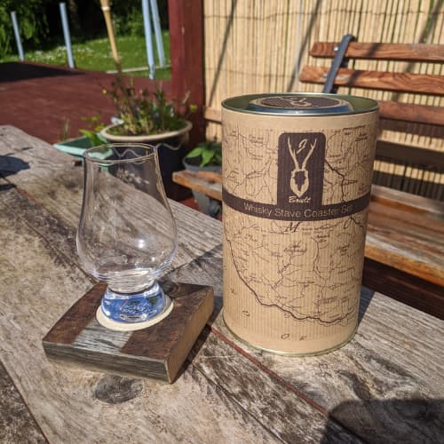 J Boult Upcycled Whisky Stave Coaster & Glencairn Glass