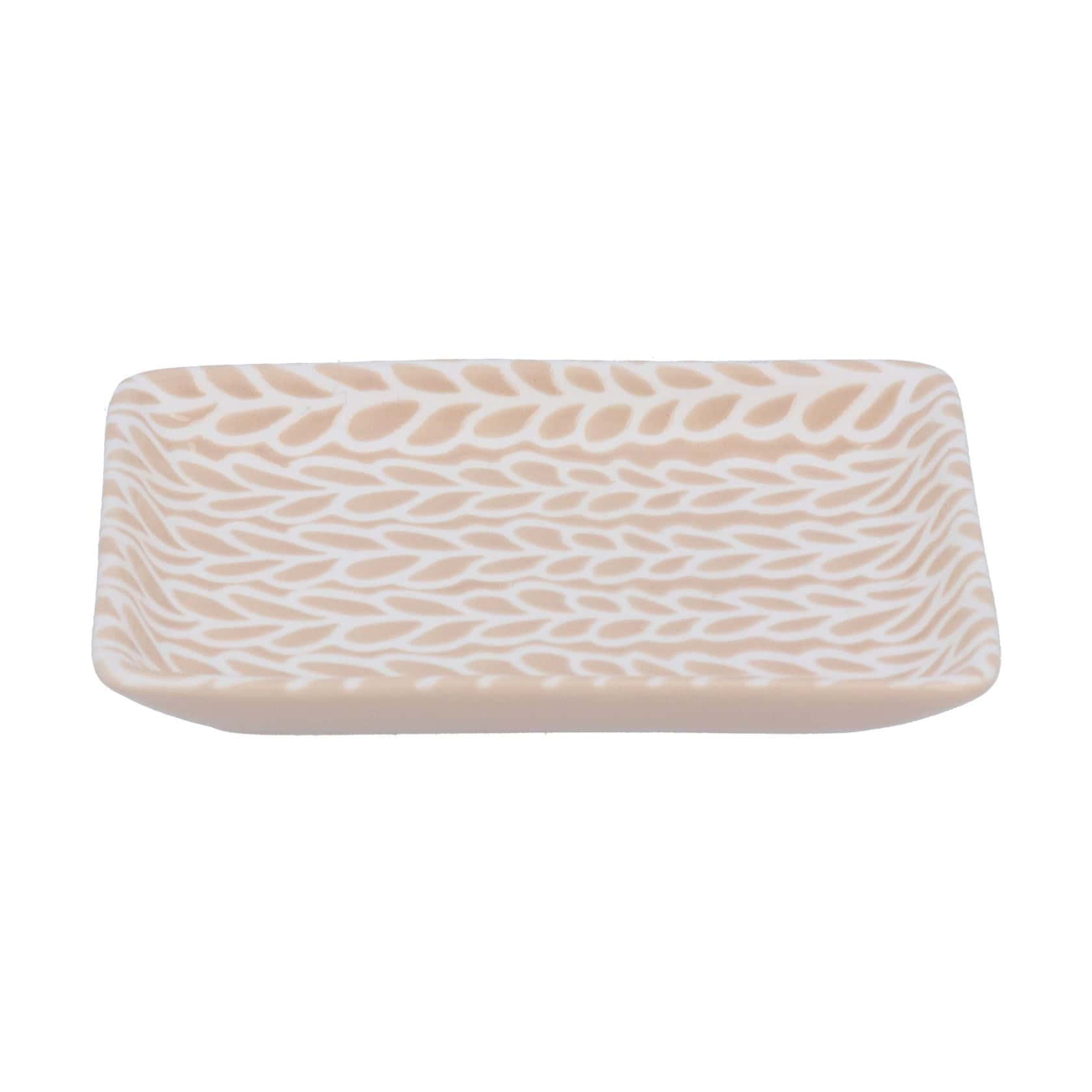 Gisela Graham Small Ceramic Rectangle Trinket Dish – Beige Porcelain Leaves