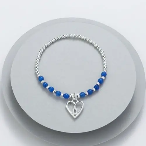 Gracee Jewellery, Silver / Blue Beaded Dainty Stretch Bracelet with Heart