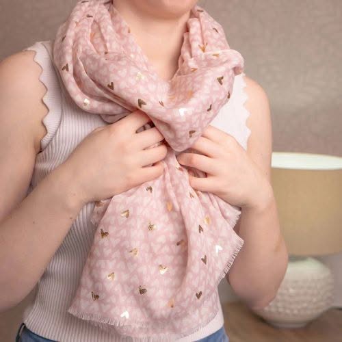 Pink Lightweight Metallic Hearts Scarf - Jaro Design Studio - 3 Pink Lightweight Metallic Hearts Scarf - Image 3