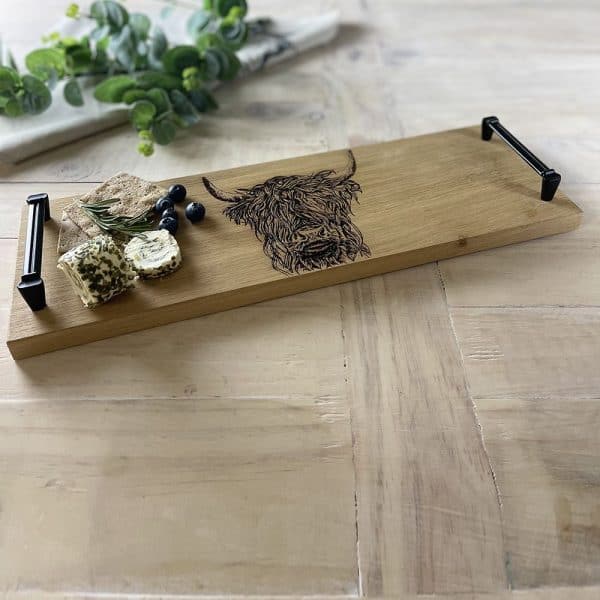 Scottish Made, Oak Tray - Black Steel Handles - Highland Cow - Jaro Design Studio - 1